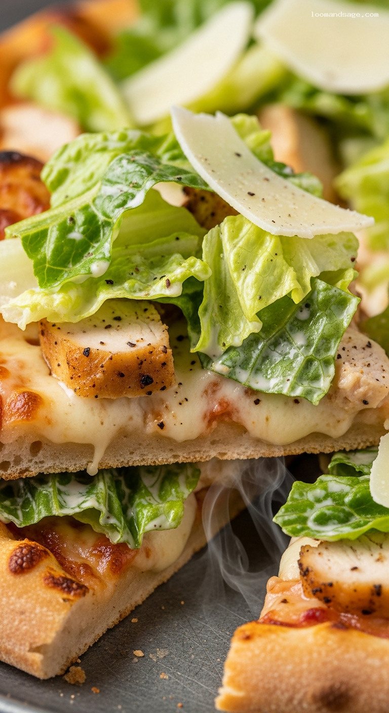 Chicken Caesar Salad Pizza with Garlic Oil and Mozzarella – Closeup