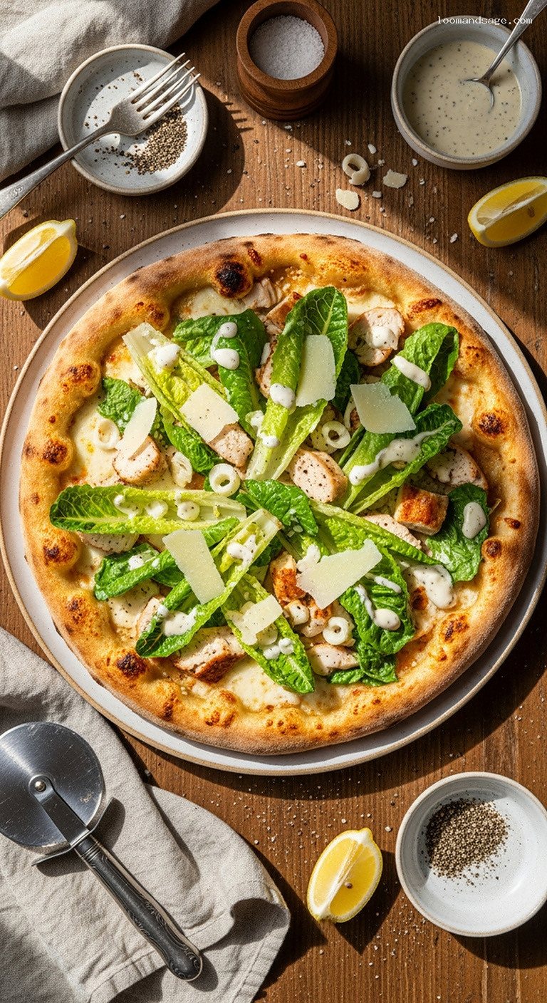 Chicken Caesar Salad Pizza with Garlic Oil and Mozzarella