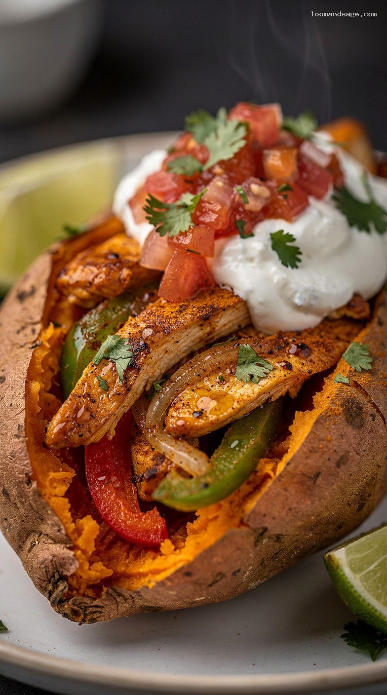Chicken Fajita Stuffed Sweet Potatoes With Salsa and Lime – Closeup