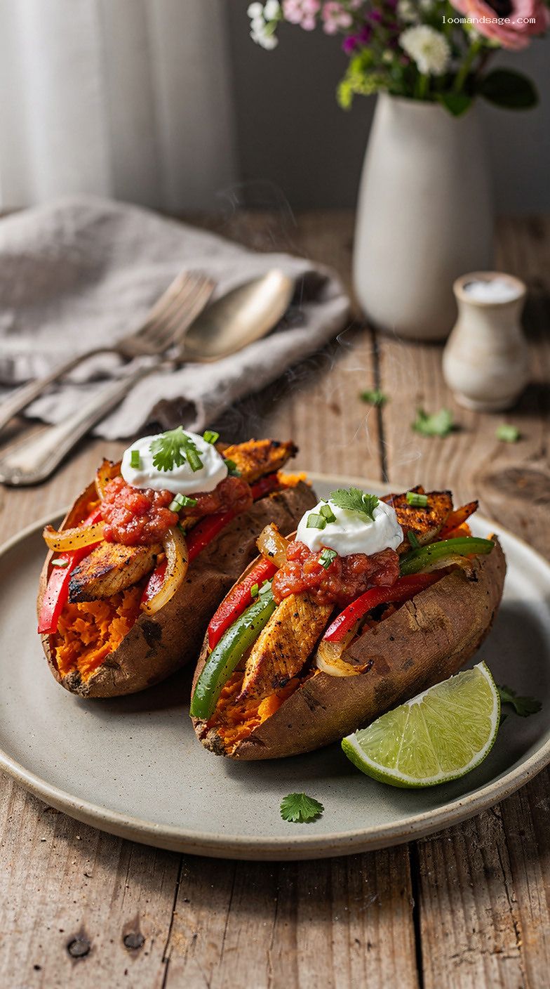 Chicken Fajita Stuffed Sweet Potatoes With Salsa and Lime