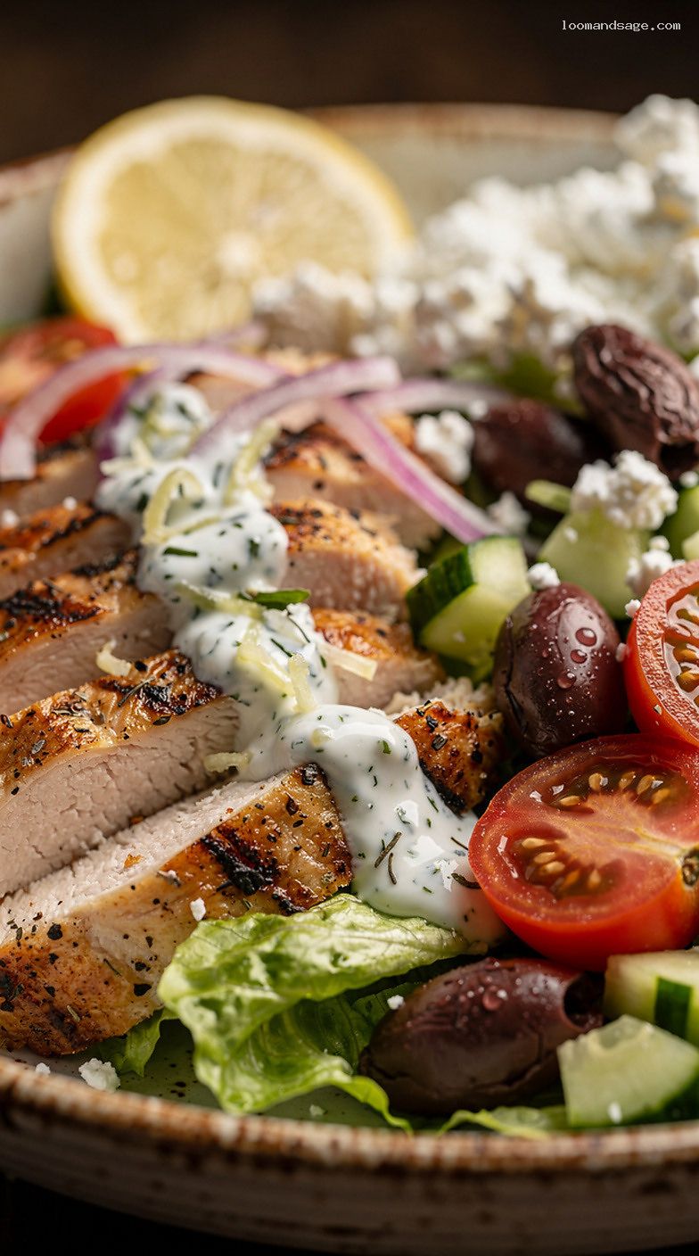 Chicken Gyro Salad With Tzatziki Drizzle – Closeup