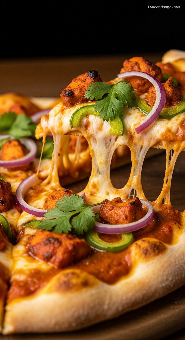 Chicken Tikka Masala Pizza with Mozzarella and Cilantro – Closeup