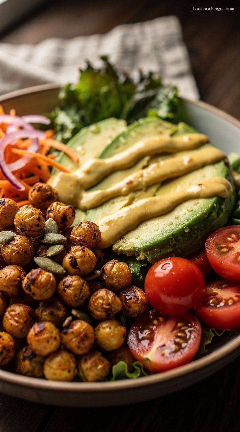 Chickpea Power Salad Bowl with Tahini Lemon Dressing – Closeup