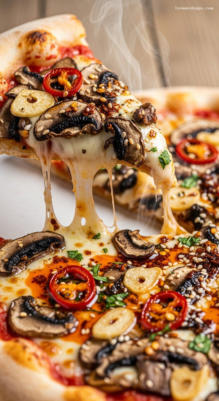 Chili Crisp Mushroom Pizza with Spicy Umami Kick – Closeup
