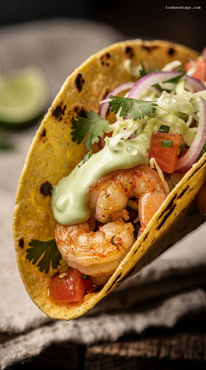 Chili-Lime Shrimp Tacos With Avocado Crema – Closeup