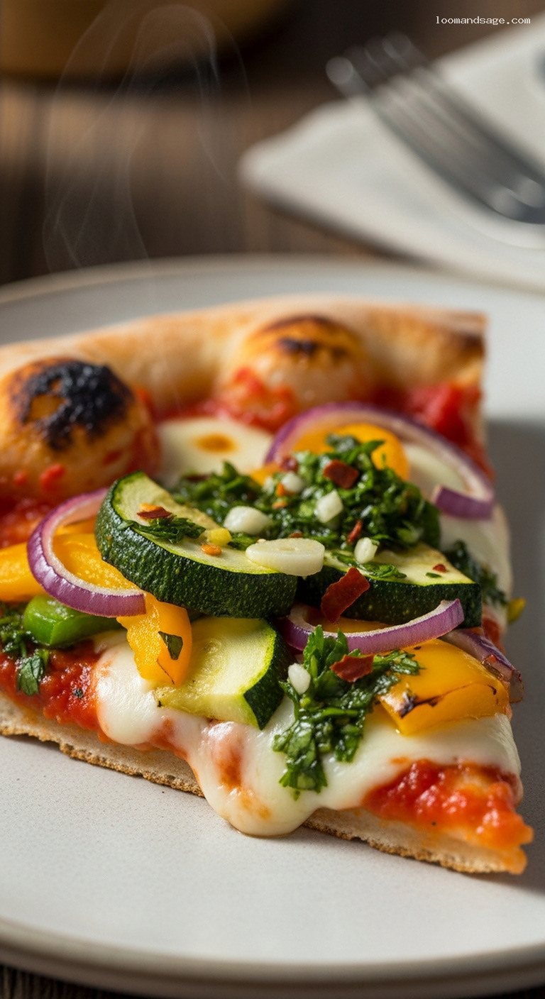 Chimichurri Veggie Pizza With Roasted Peppers and Zucchini – Closeup