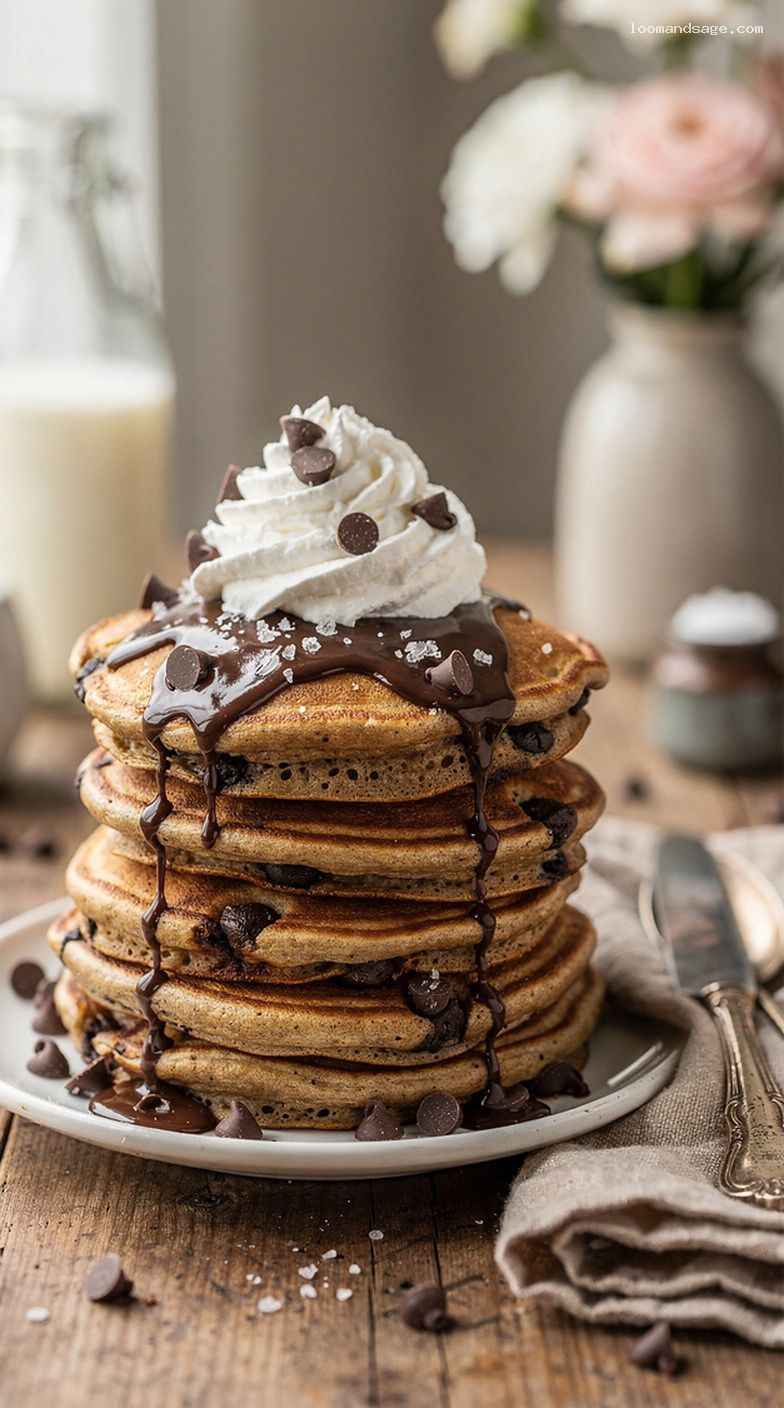 Chocolate Chip Sea Salt Pancakes with Whipped Cream