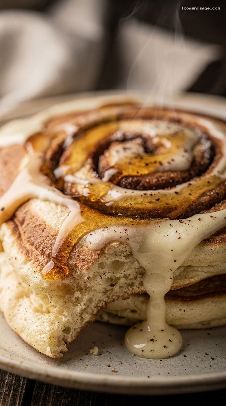 Cinnamon Roll Pancakes With Cream Cheese Glaze – Closeup