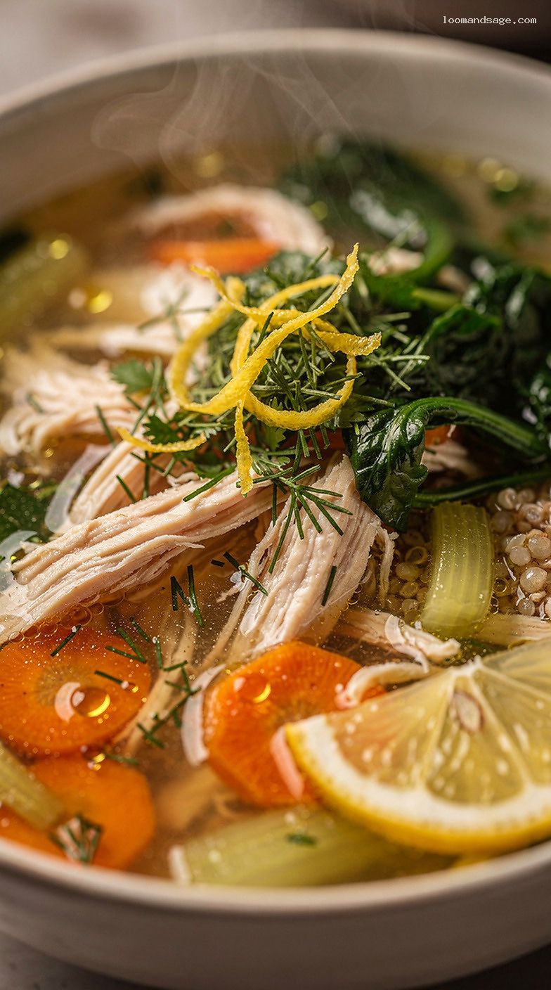 Citrus Herb Chicken Soup With Lemon, Greens, and Brown Rice – Closeup