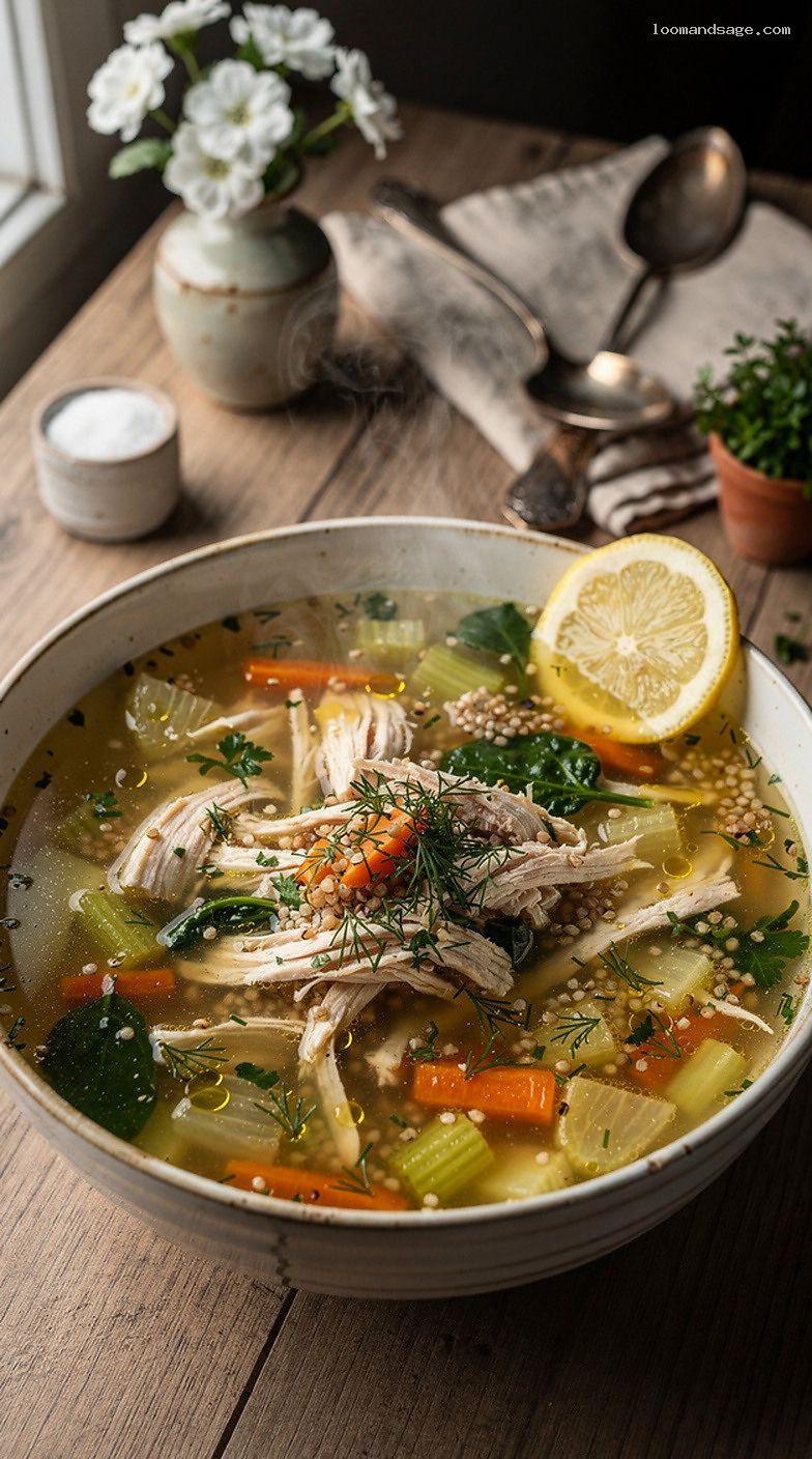 Citrus Herb Chicken Soup With Lemon, Greens, and Brown Rice