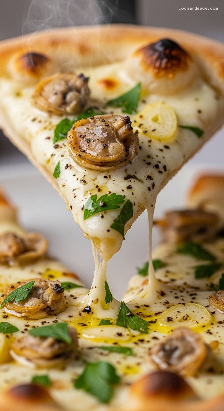 Clam and Garlic White Pizza with Lemon and Parsley – Closeup