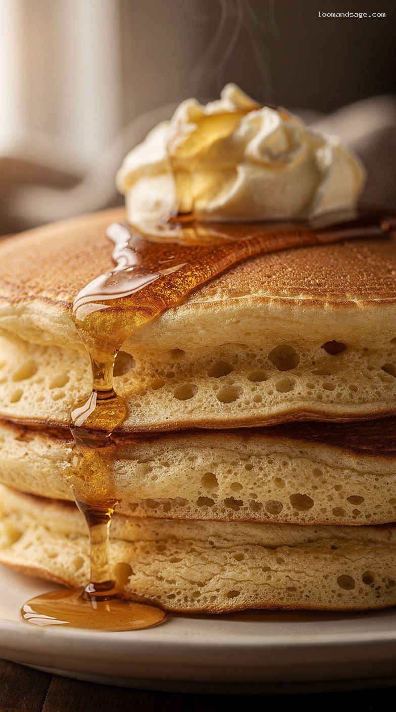 Classic Buttermilk Pancake Stack With Maple Syrup and Salted Butter – Closeup
