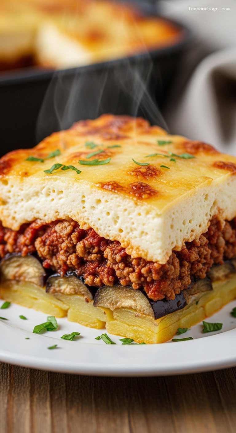 Classic Greek Moussaka With Eggplant, Potatoes, and Béchamel – Closeup