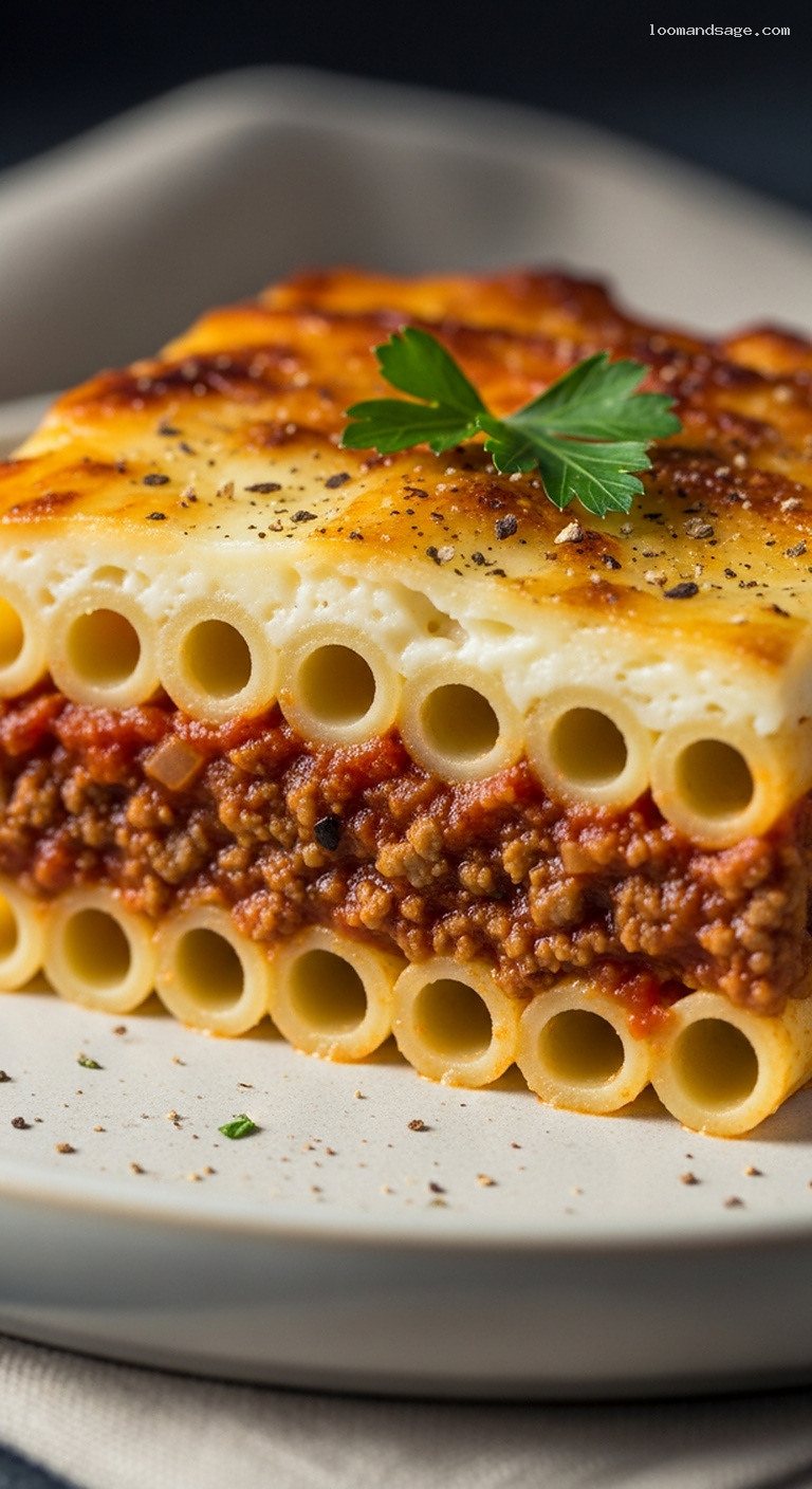 Classic Greek Pastitsio With Cinnamon-Spiced Meat and Béchamel – Closeup
