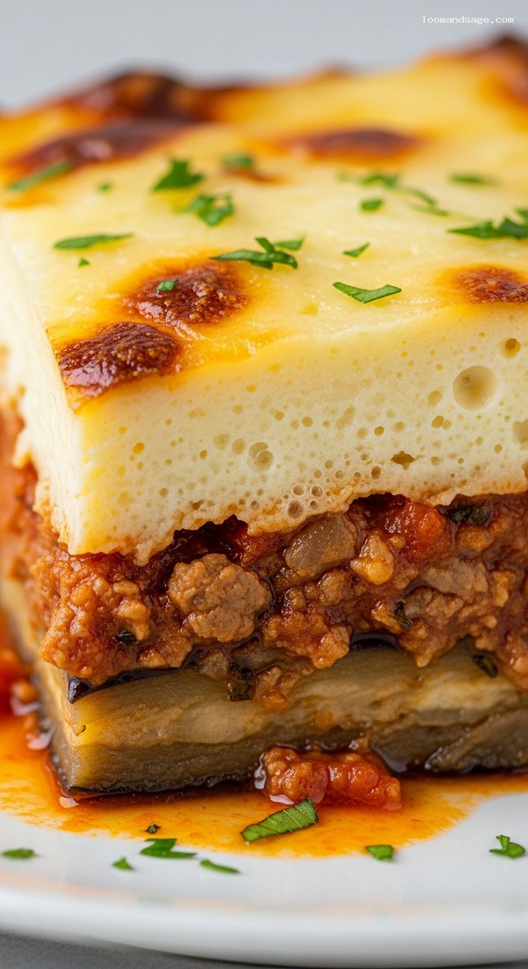 Classic Lamb Moussaka with Eggplant and Béchamel – Closeup