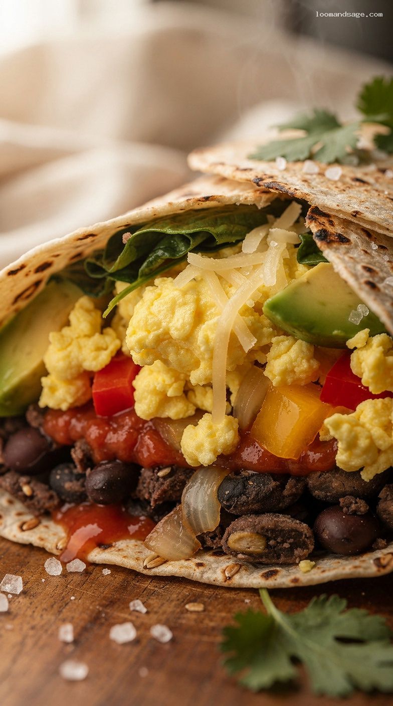 Clean Breakfast Burrito With Eggs, Spinach, Black Beans, and Avocado – Closeup
