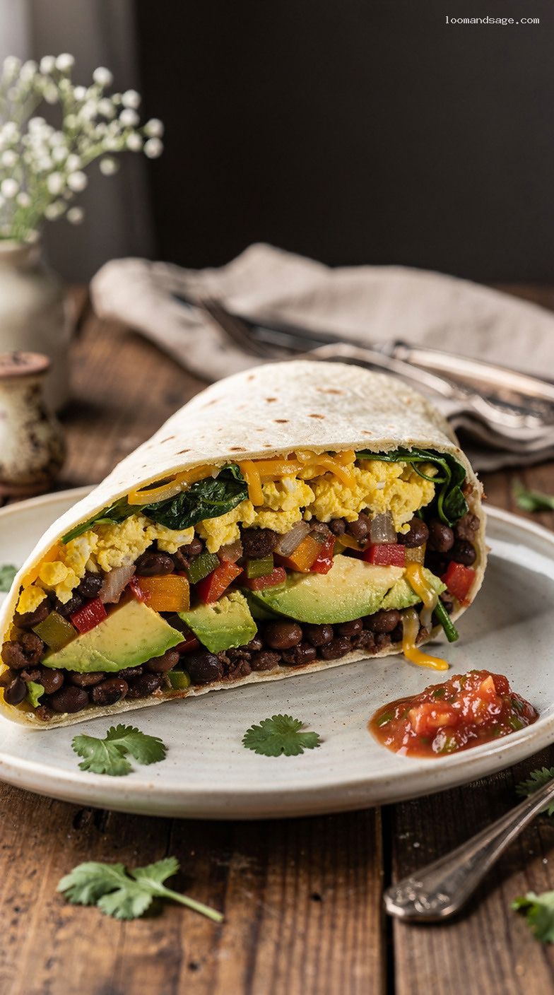 Clean Breakfast Burrito With Eggs, Spinach, Black Beans, and Avocado