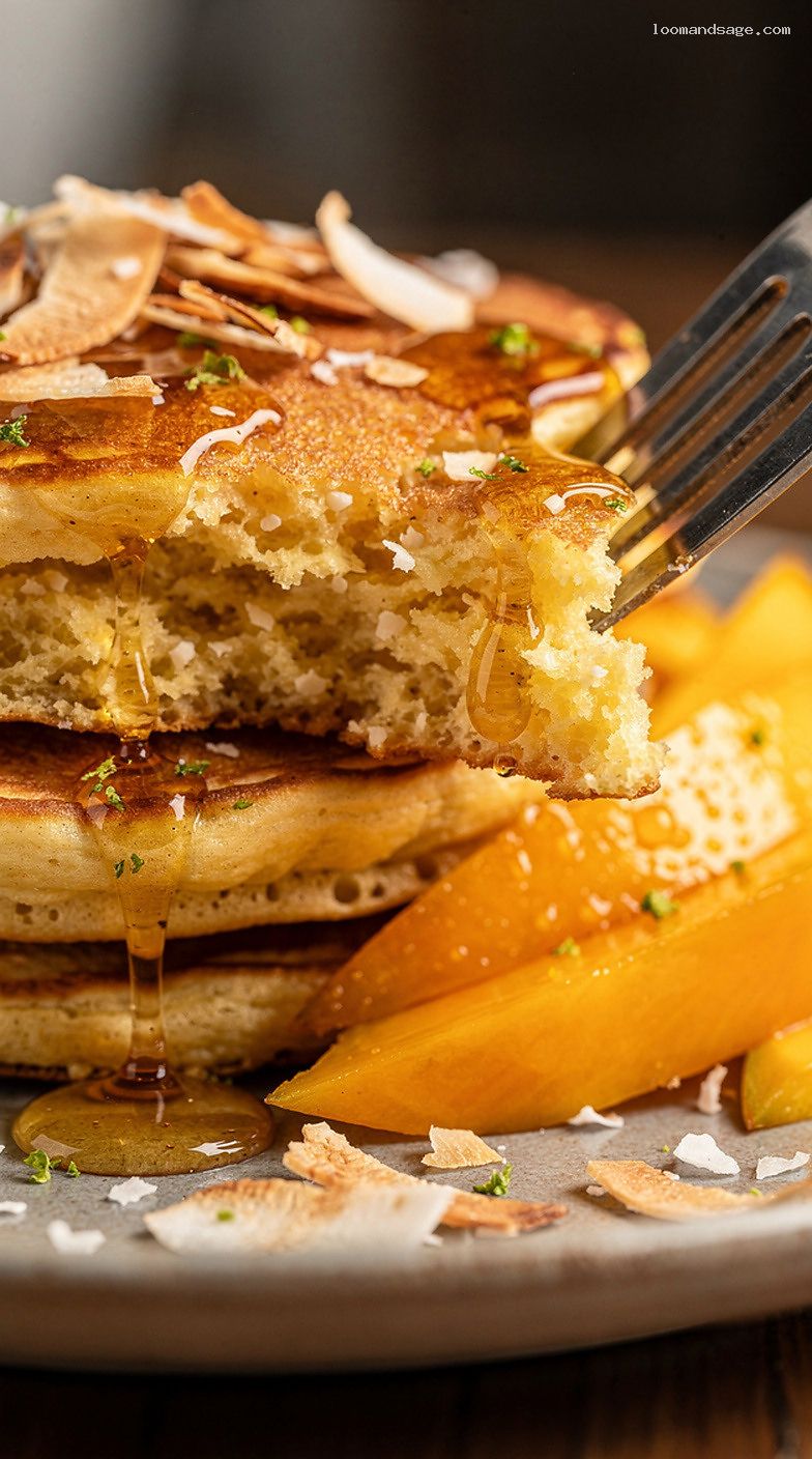 Coconut Mango Pancakes With Lime Honey Drizzle – Closeup