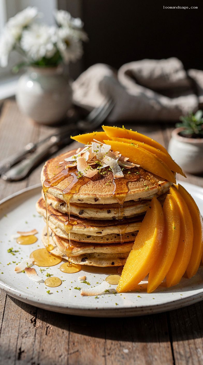 Coconut Mango Pancakes With Lime Honey Drizzle