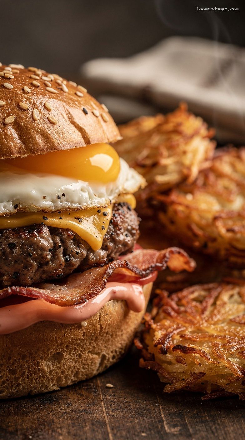 Copycat Breakfast Burger With Egg, Bacon, Hash Browns, and Ketchup Mayo – Closeup