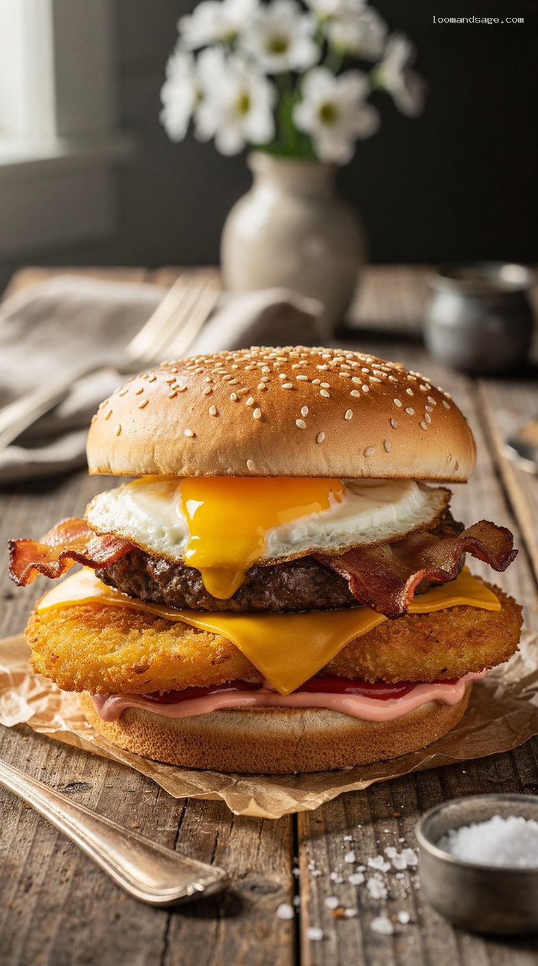 Copycat Breakfast Burger With Egg, Bacon, Hash Browns, and Ketchup Mayo