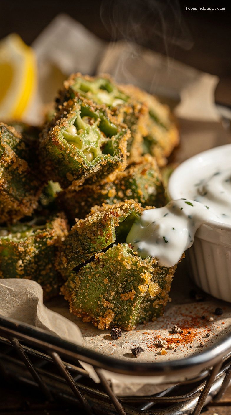Copycat Church’s Fried Okra Bites With Crunchy Cornmeal Coating – Closeup