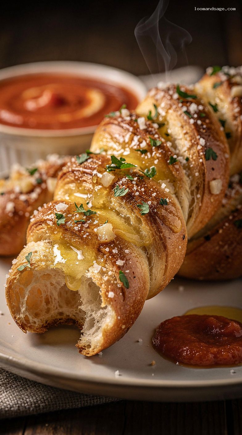 Copycat Domino’s Garlic Parmesan Bread Twists with Marinara – Closeup