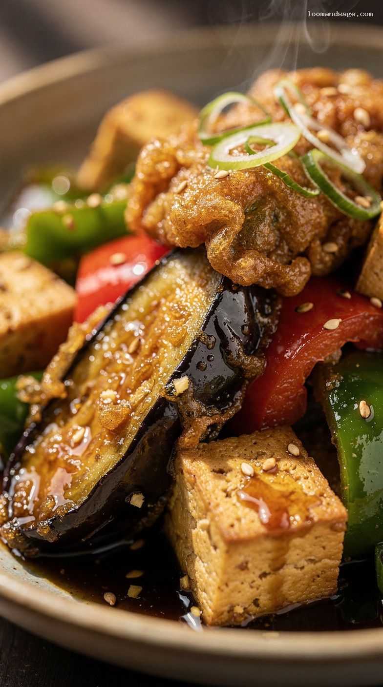 Copycat Panda Express Eggplant Tofu With Garlic Soy Sauce – Closeup
