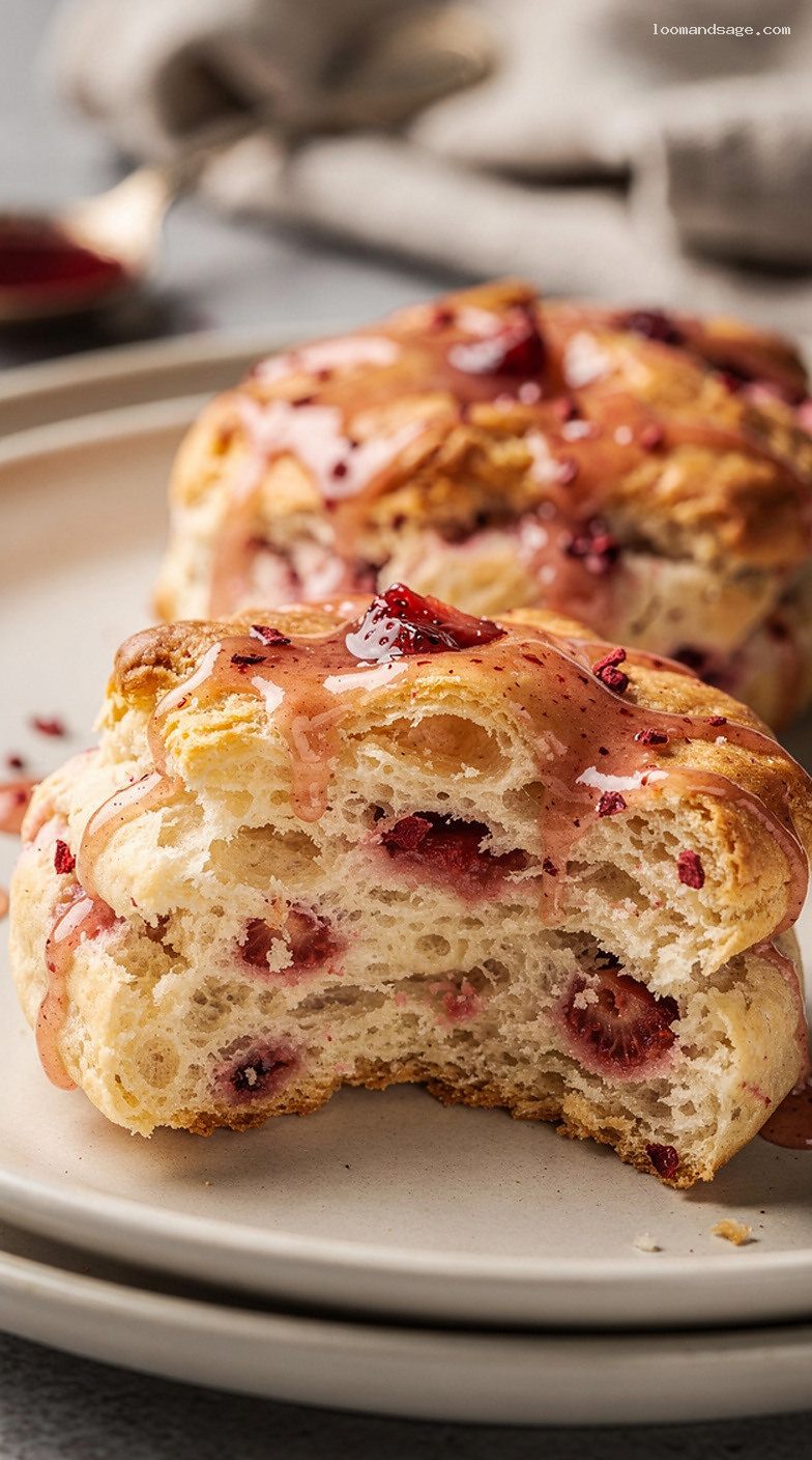 Copycat Popeyes Strawberry Biscuits With Sweet Glaze – Closeup
