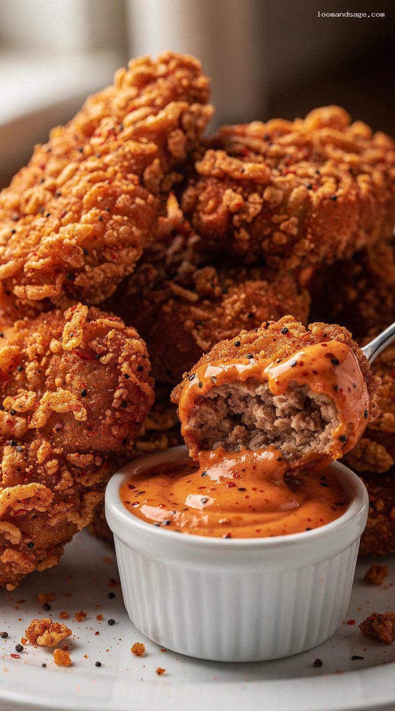 Copycat Spicy Chicken Nuggets With Mighty Hot Dipping Sauce – Closeup