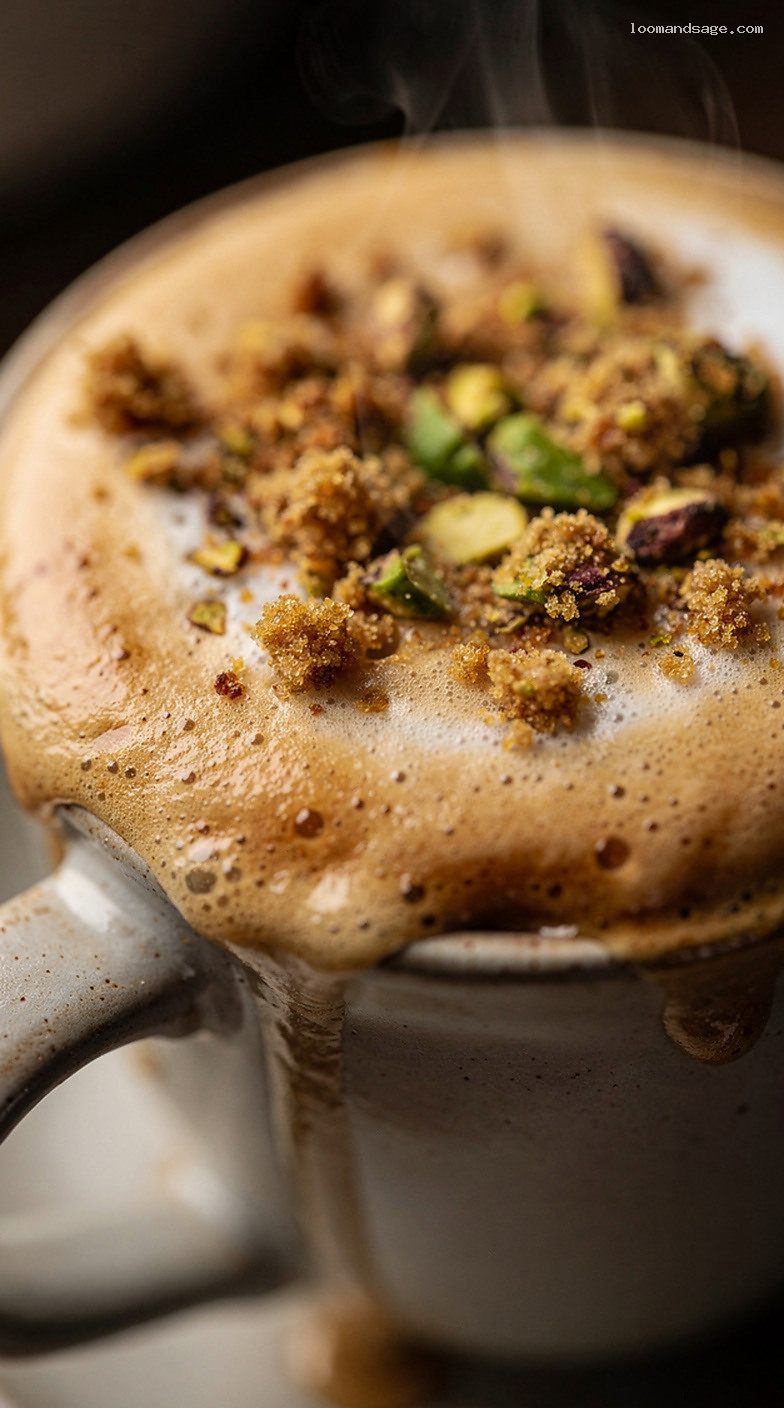 Copycat Starbucks Pistachio Latte With Brown Butter Sugar Crumble – Closeup