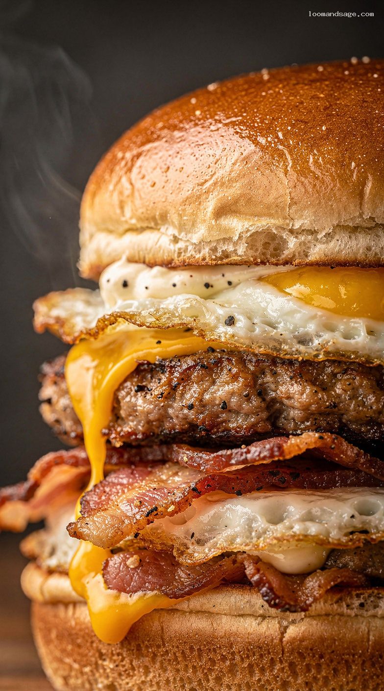 Copycat Wendy’s Breakfast Baconator With Peppery Mayo – Closeup