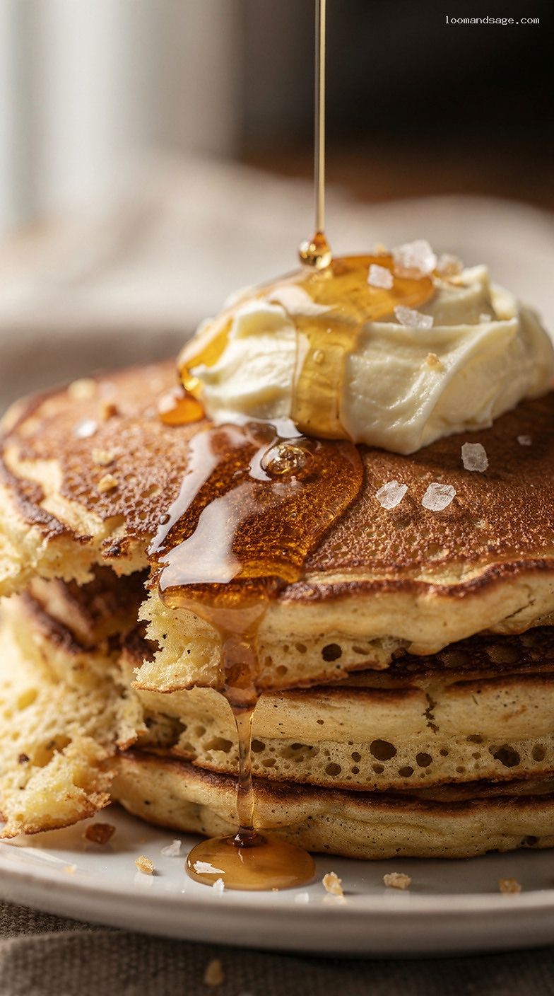 Cornmeal Pancakes With Honey Whipped Butter and Maple Drizzle – Closeup