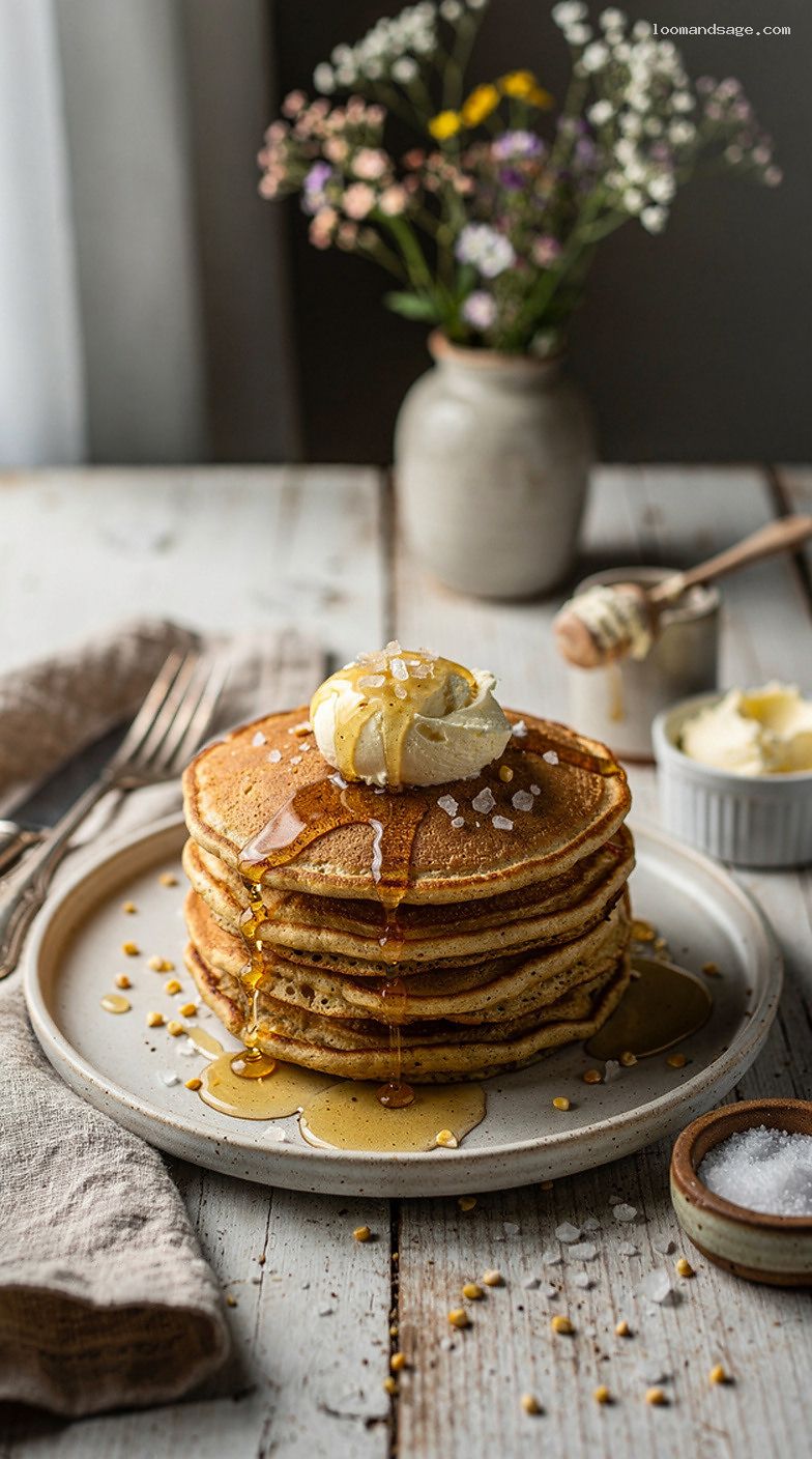 Cornmeal Pancakes With Honey Whipped Butter and Maple Drizzle