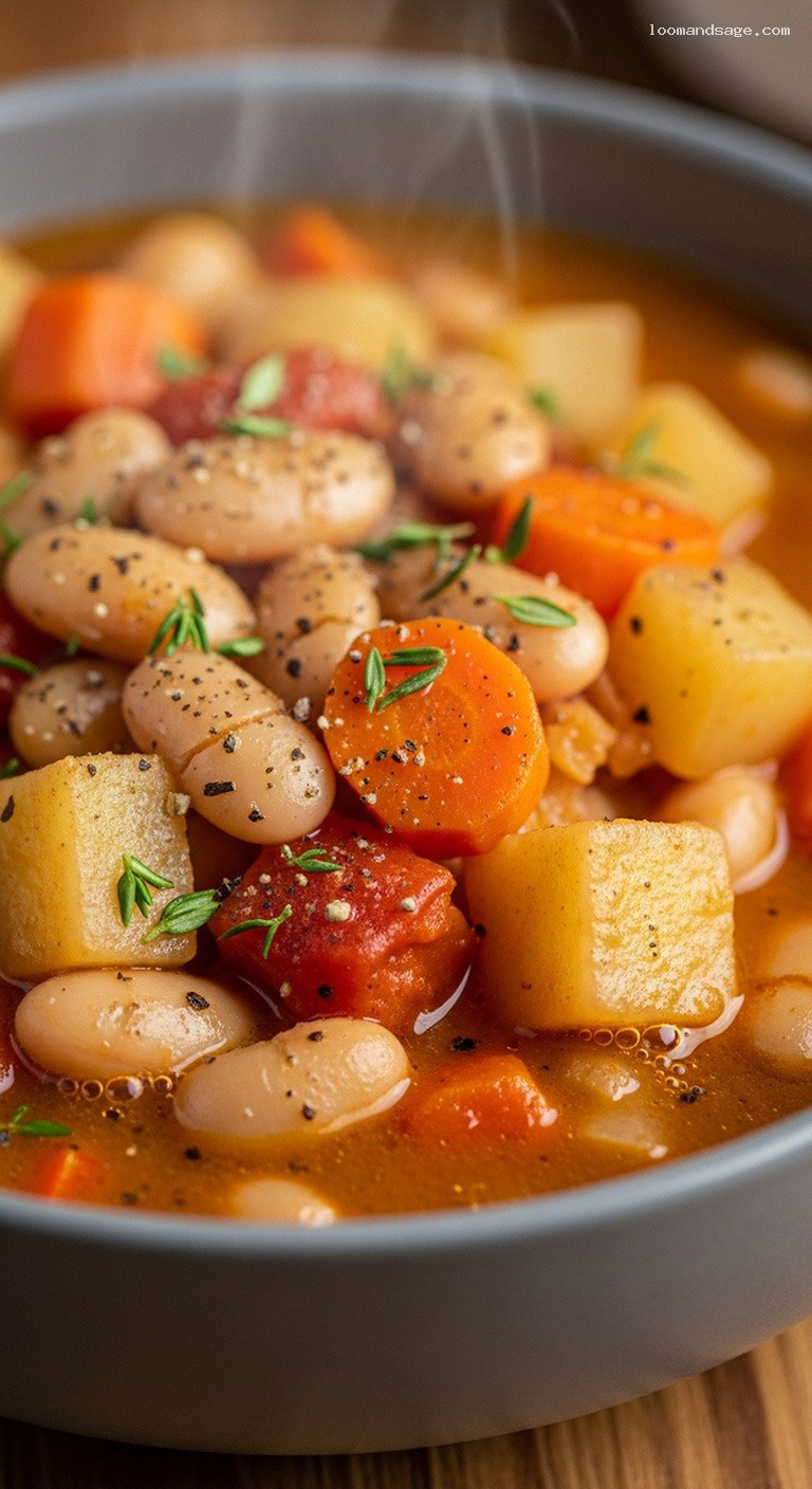Cozy Winter Vegetable Stew With White Beans and Herbs – Closeup
