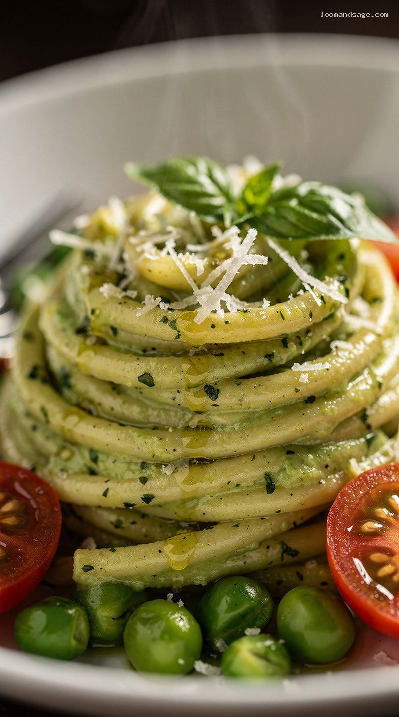 Creamy Avocado Pesto Pasta With Peas and Cherry Tomatoes – Closeup