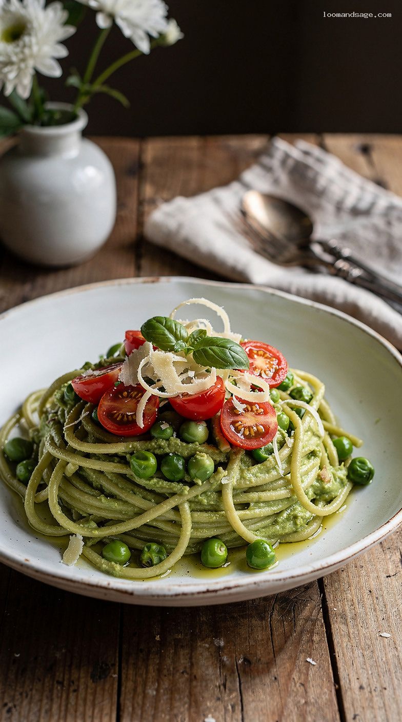 Creamy Avocado Pesto Pasta With Peas and Cherry Tomatoes