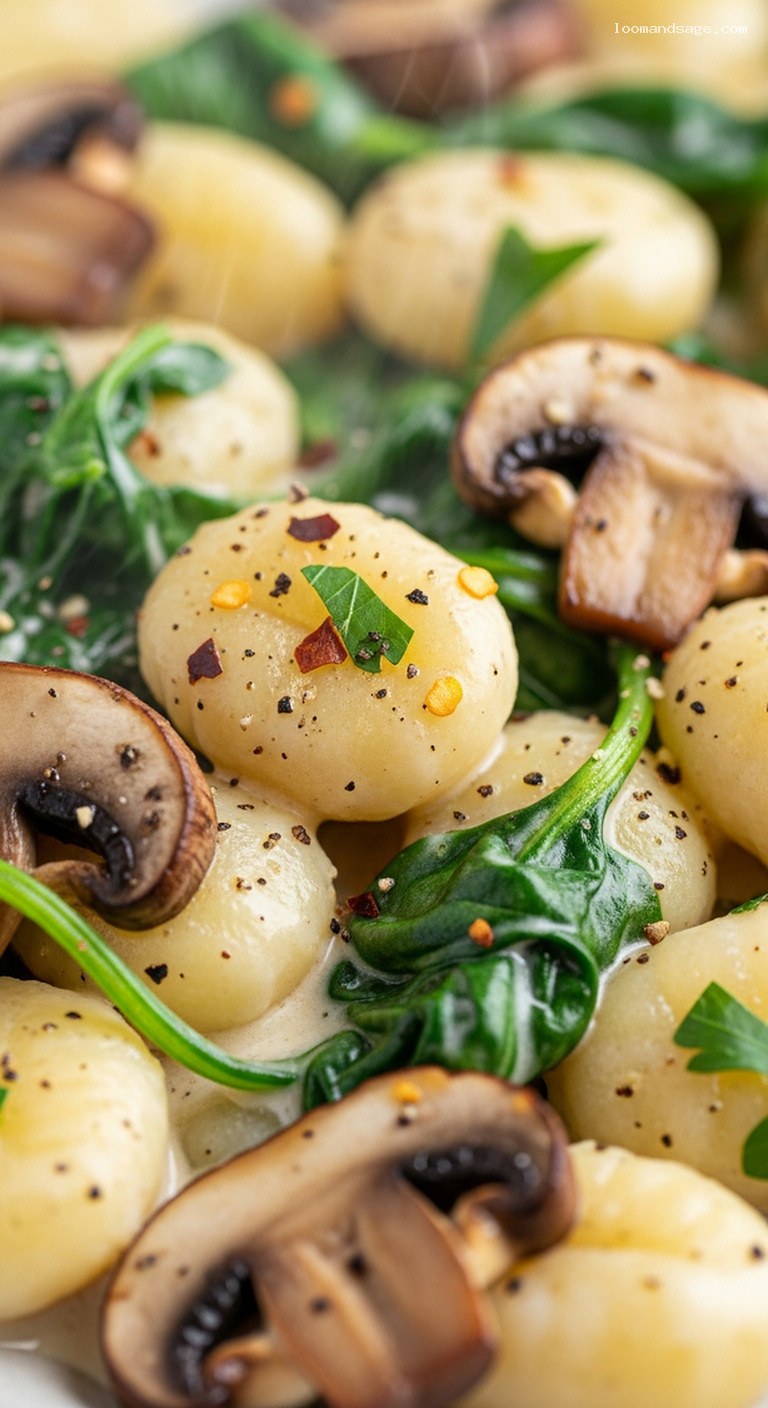 Creamy Cashew Alfredo Gnocchi With Mushrooms and Spinach – Closeup