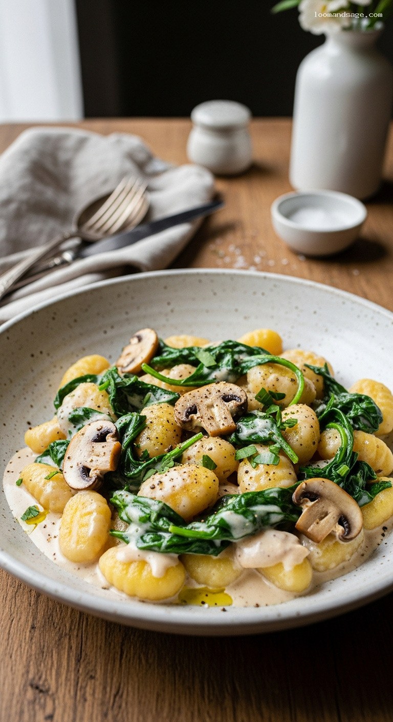Creamy Cashew Alfredo Gnocchi With Mushrooms and Spinach