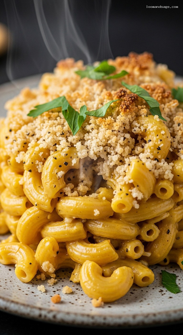 Creamy Cashew Mac and Cheese with Crispy Breadcrumbs – Closeup