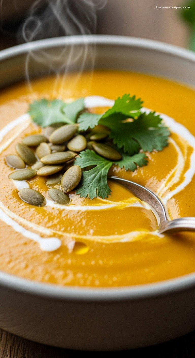 Creamy Coconut Butternut Squash Soup with Ginger and Lime – Closeup
