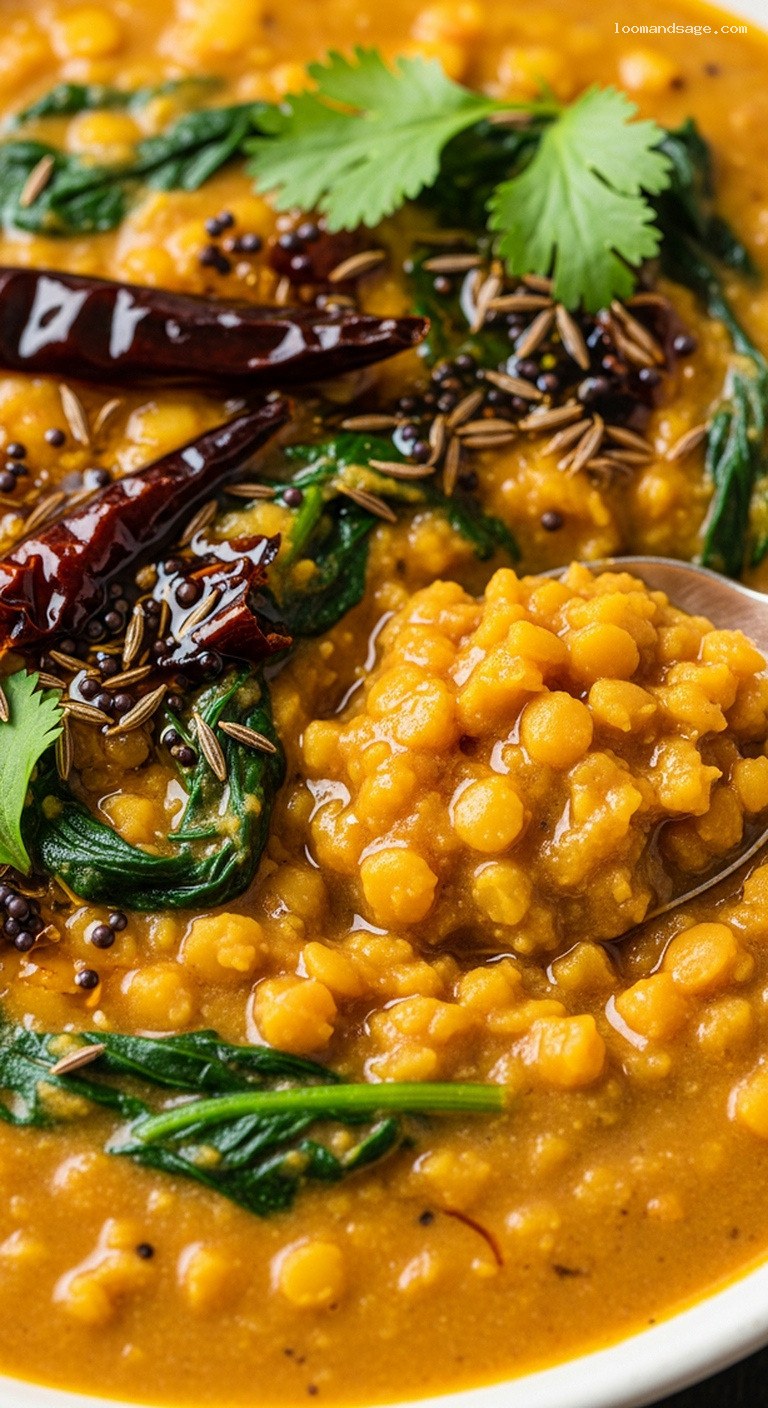 Creamy Coconut Lentil Spinach Dal With Basmati Rice – Closeup