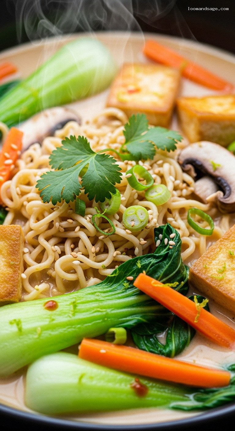 Creamy Coconut Lime Ramen with Mushrooms and Bok Choy – Closeup