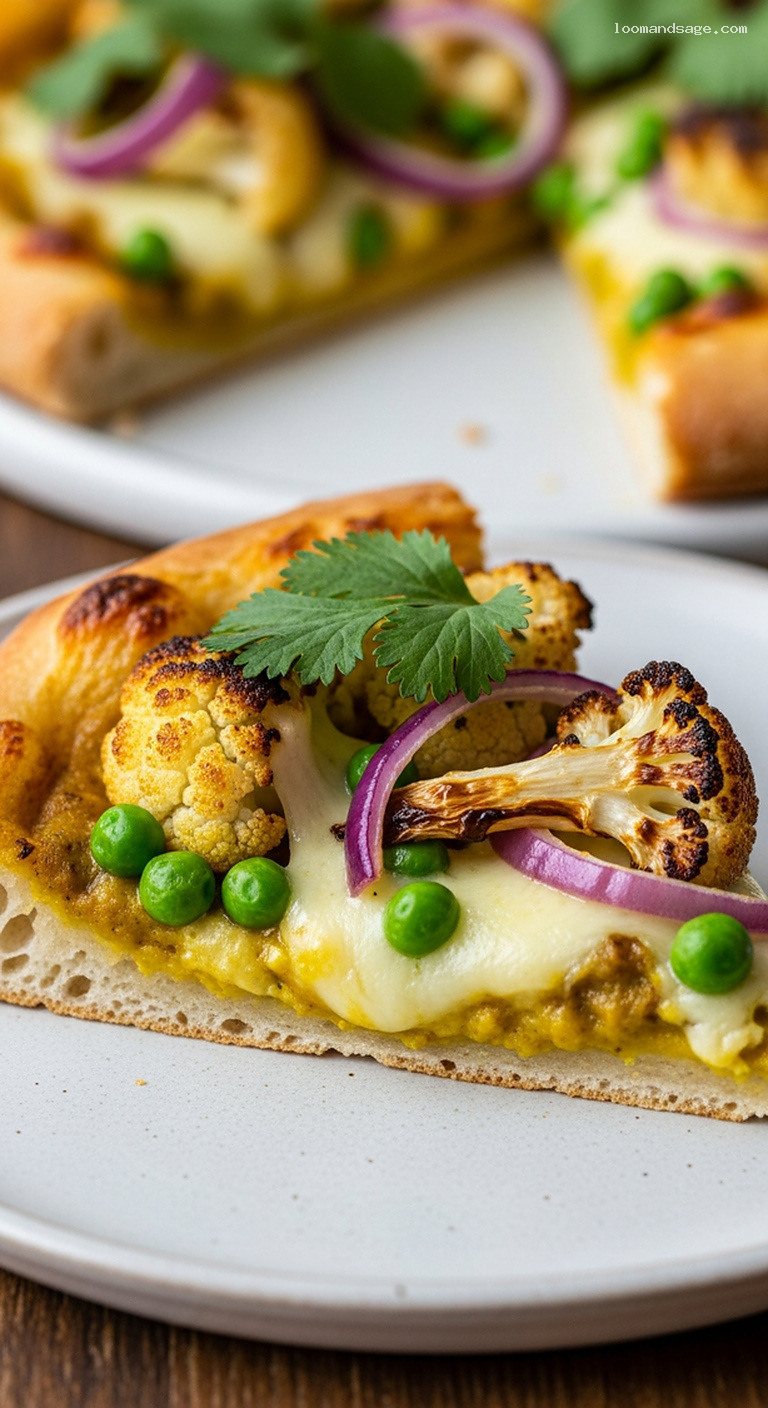 Creamy Curry Veggie Pizza with Roasted Cauliflower and Peas – Closeup