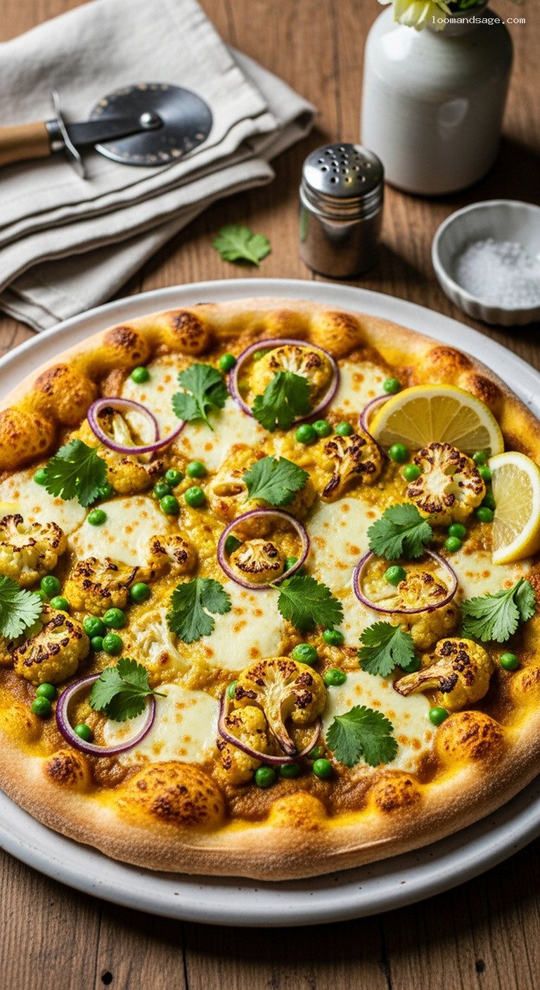 Creamy Curry Veggie Pizza with Roasted Cauliflower and Peas