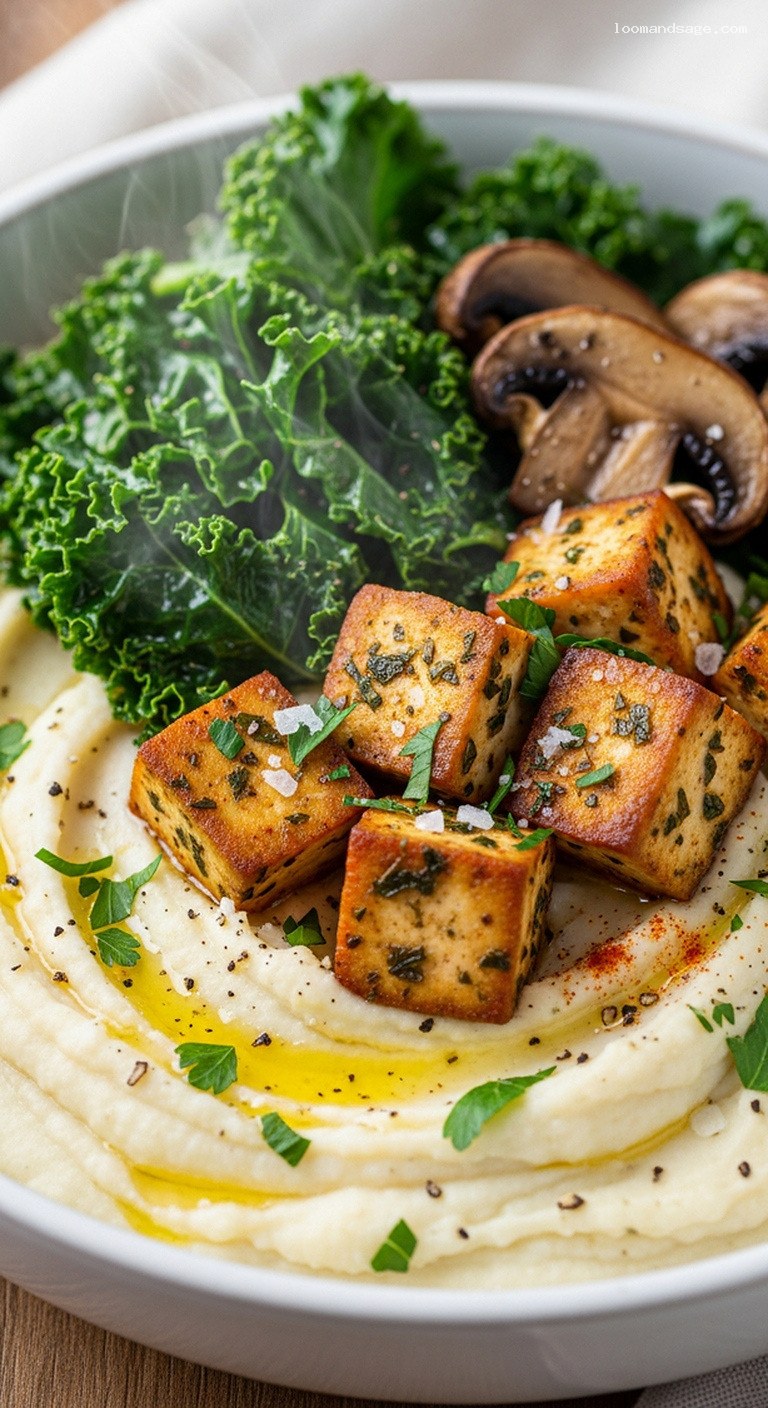 Creamy Garlic Cauliflower Bowls with Kale, Mushrooms, and Tofu – Closeup