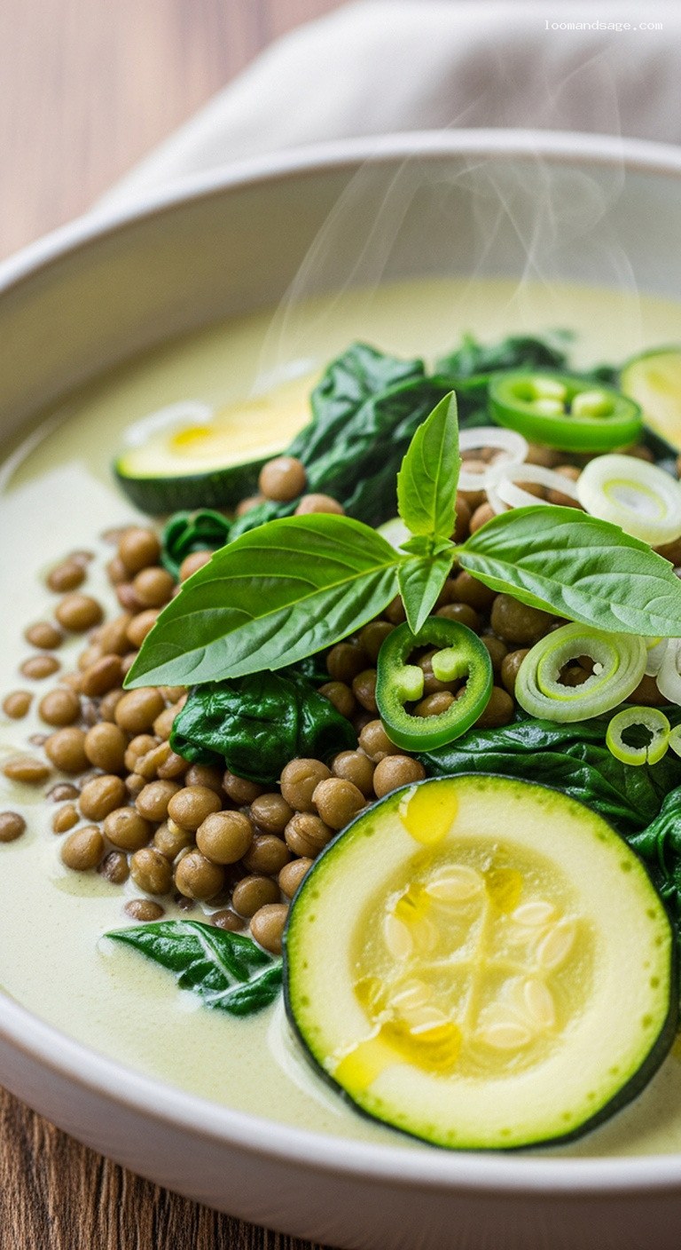 Creamy Green Curry Lentils with Coconut and Thai Basil – Closeup