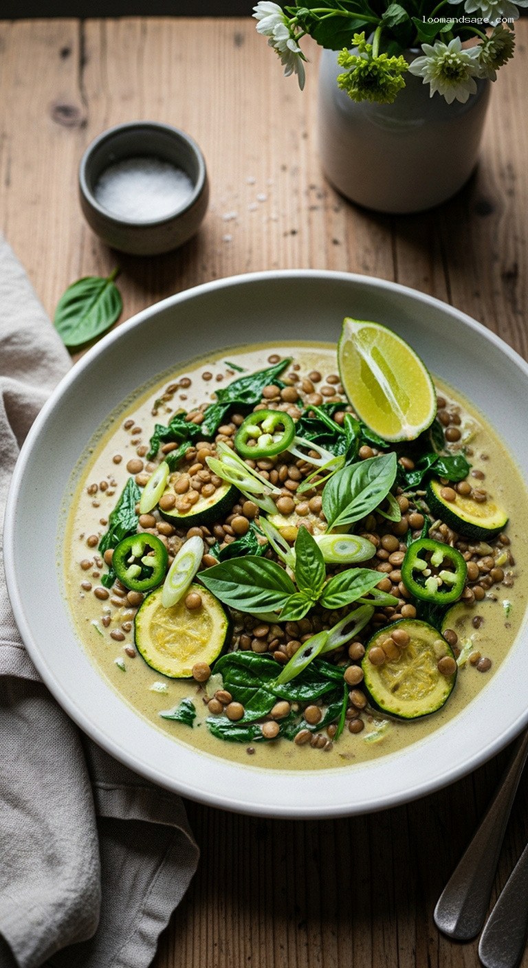 Creamy Green Curry Lentils with Coconut and Thai Basil
