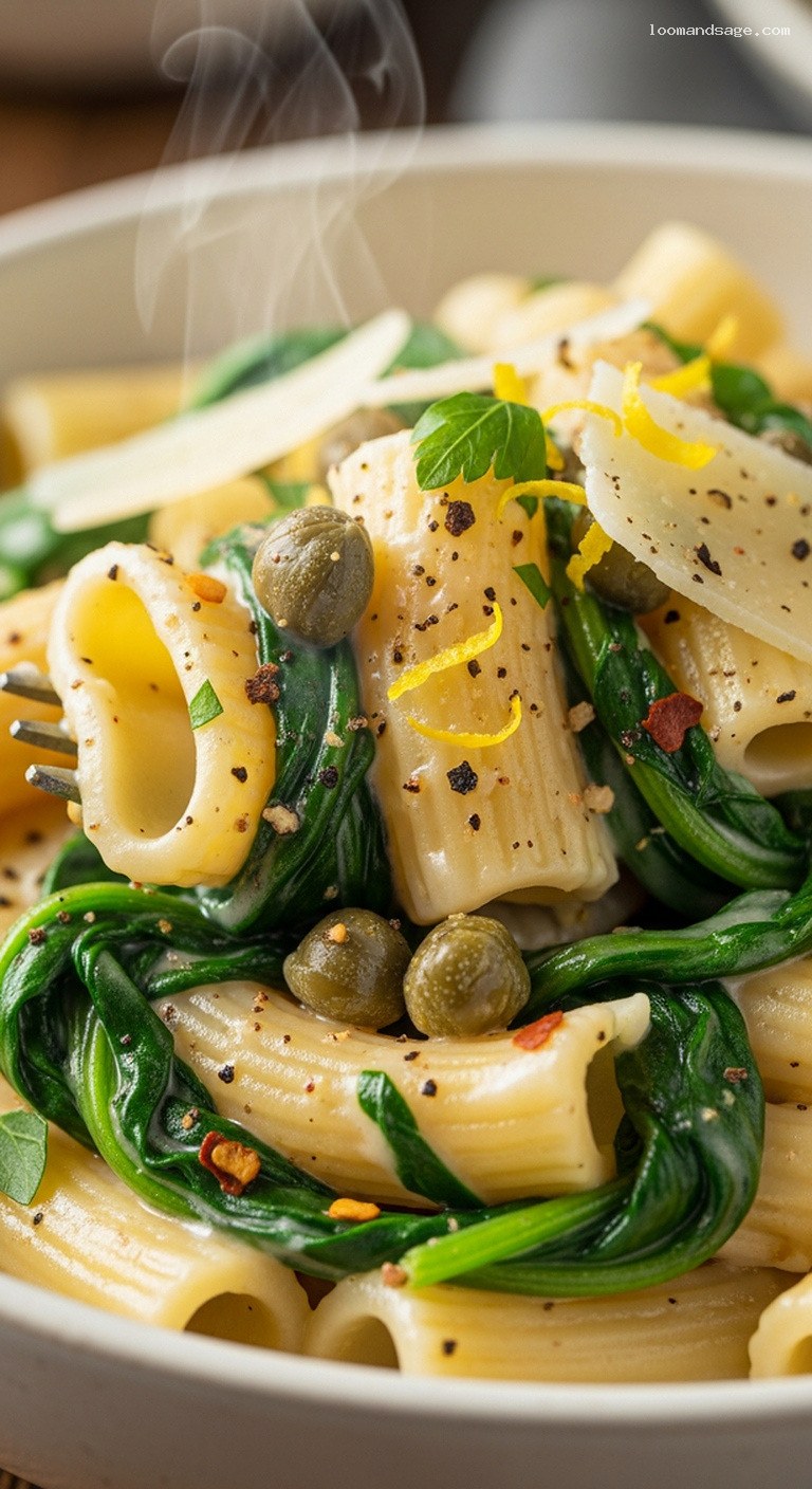 Creamy Lemon Garlic Chickpea Pasta With Spinach and Capers – Closeup