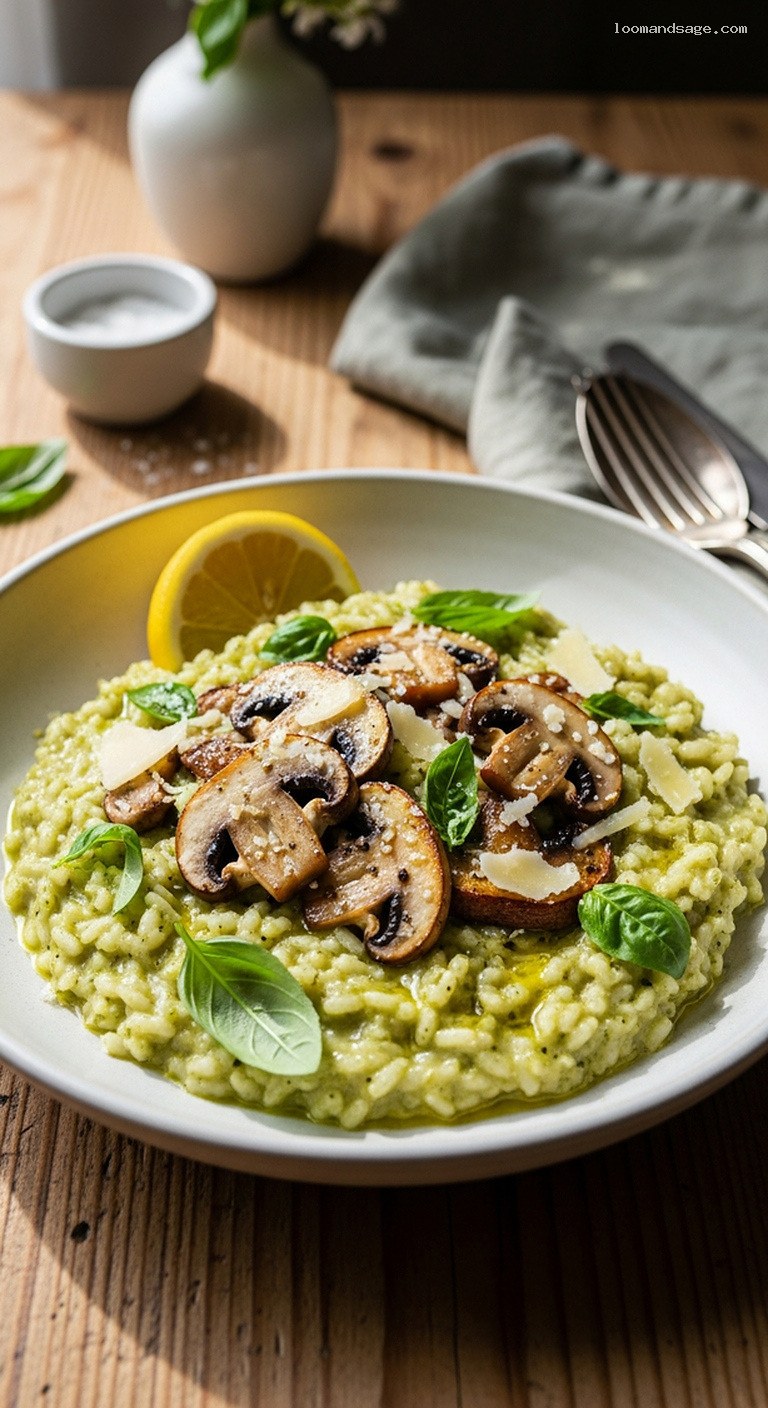 Creamy Pesto Risotto with Mushrooms and Lemon
